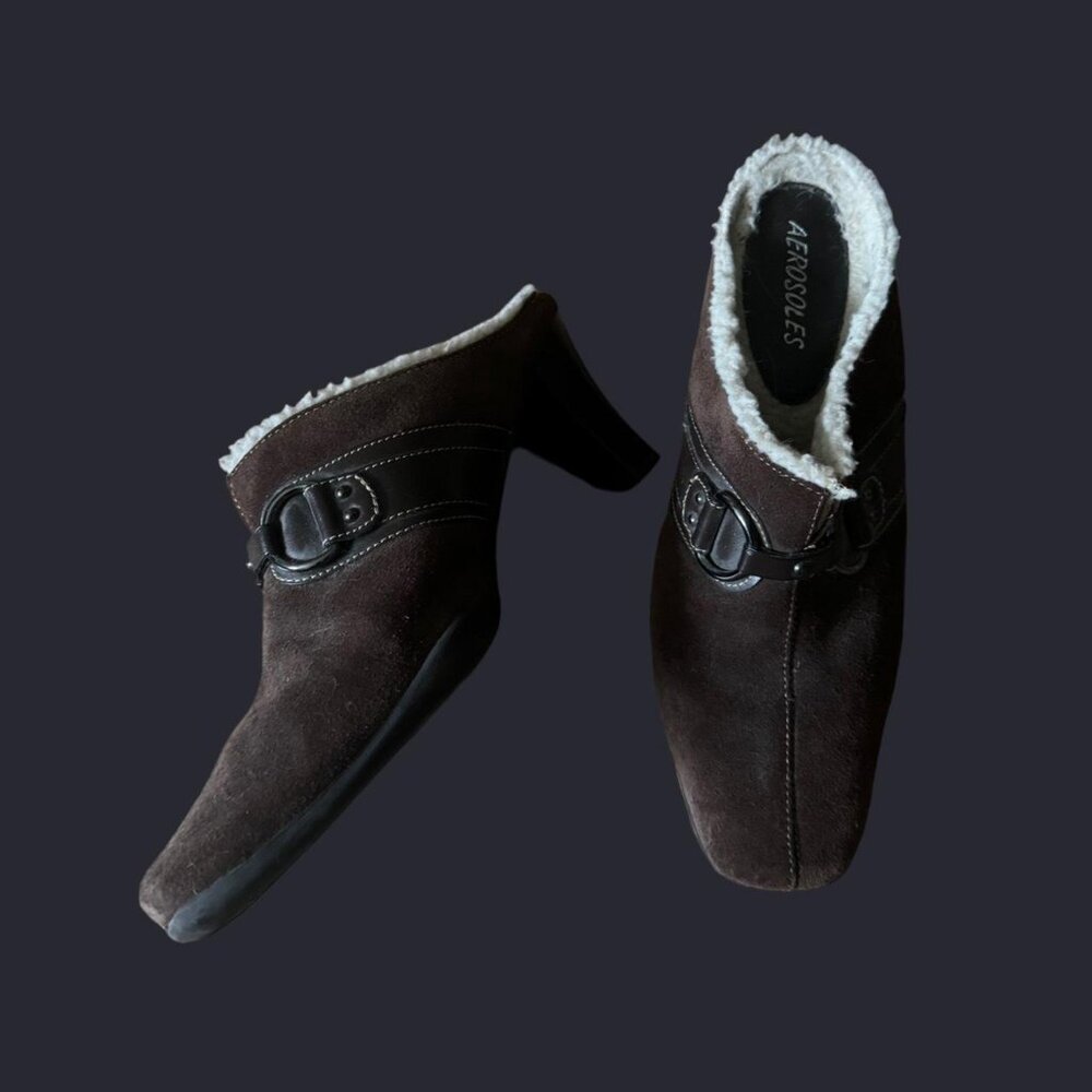 Vintage Sherpa Chocolate Brown Suede Mules with Buckle and Contrast Size 8 - Picture 2 of 7